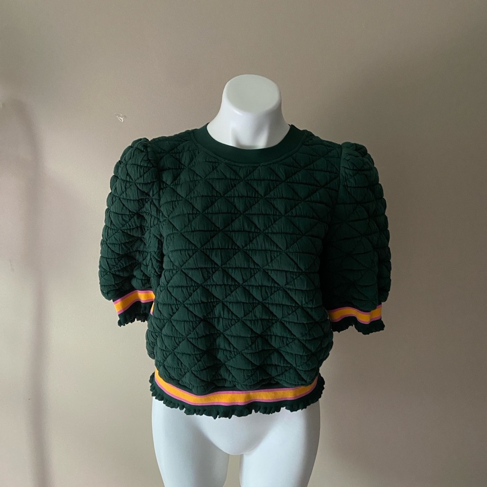 Fab'rik Women’s Quilted Dark Green Puff Sleeve Blouse Top Size Small